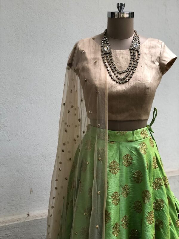 Sage Blouse with Green Brocade Lehenga